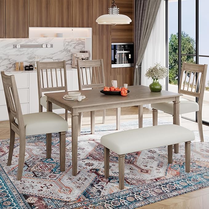 Merax 6-Piece Retro Dining Table Set, 6 Seats Wooden Rectangular Table, with 4 Chairs & 1 Bench for Kitchen Room, Classic Furniture, Brown