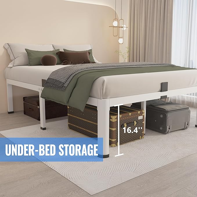 MAF 18 Inch Twin XL Bed Frames White with Round Corner Legs Mattress Slide Stopper No Box Spring Needed Heavy Duty Metal Platform Bed Frame Under-Bed Storage Space, 3000 LBS Steel Slats Support