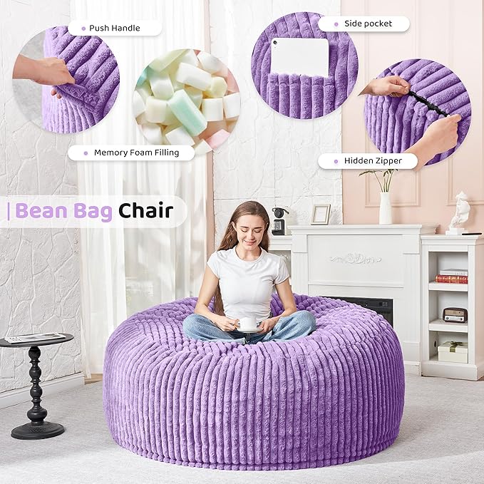 HABUTWAY 3FT Bean Bag Chair, 3' Large Bean Bag Chairs for Adults with Removable Stripe Plush Cover, Memory Foam Beanbag Chair for Living Room Bedroom Dorm (Purple)