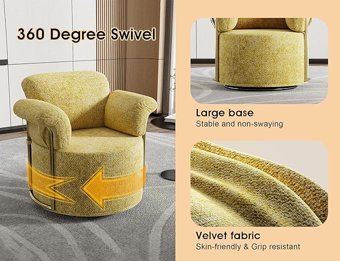 KEIKI Modern Comfy Swivel Accent Reading Chair, 360°Round Upholstered Barrel Armchair Single Club Lounge Sofa Chairs for Living Room,Bedroom, Office,Yellow