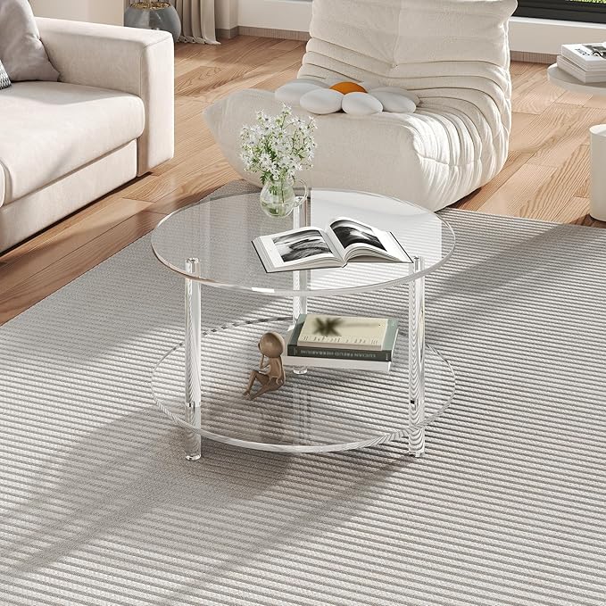 Acrylic Round Coffee Table, 23.6" Wide Modern Tea Table with Storage Shelf, 2-Tier Circle Center Table for Living Room, Office Reception and Apartment (Clear)