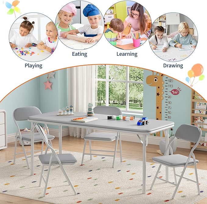 GarveeHome 5-Piece Kids Folding Table and Chairs Set, Toddlers Children's Activity Table and Chairs Set for Dining Room,Daycare,Classrooms