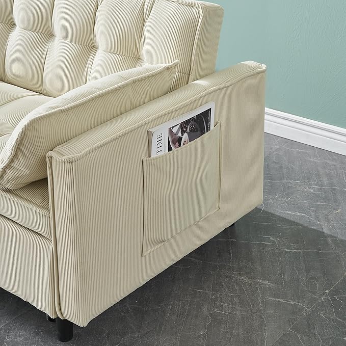 Ball & Cast Convertible Sofa Bed,Pull Out Loveseat Sleeper Sofa,Convertible Pull Out Couch W/ 2 Pillows,Adjustable Backrest & Side Pocket,Corduroy Futon Couches for Living Room,Apartment,Beige,54"