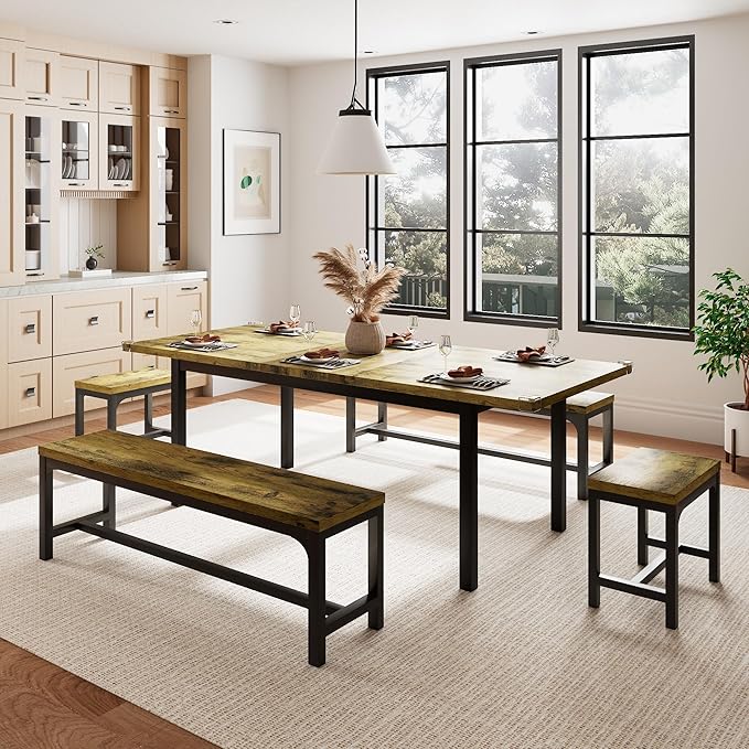 5 Piece Dining Table Set for 4-6, 63" Extendable Kitchen Table Set with 2 Benches & 2 Stools, Farmhouse Dining Room Table for Small Space, Metal & Wood Support, Rustic Brown