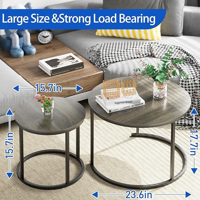 Garden 4 you Nesting Coffee Table, 23.6" Round Coffee Table Set of 2, Wooden Nesting Table Set with Metal Frame, Side Tables for Living Room Bedroom Balcony, Grey