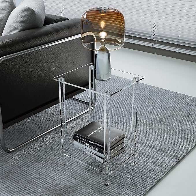 Eglaf Acrylic Small Side Table with Square Leg - 13.4'' L x 11.5'' W x 19.6'' H - Small Nightstand Bedside Table 2-Tier Clear End Table for Living Room, Bedroom