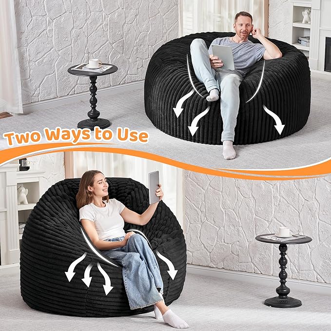 HABUTWAY 4FT Bean Bag Chair, 4' Large Bean Bag Chairs for Adults with Removable Stripe Plush Cover, Memory Foam Beanbag Chair for Living Room Bedroom Dorm (Black)