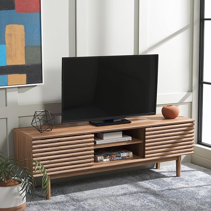 SAFAVIEH Aricia TV Stand for up to 65" Flatscreen – Oak Brown, 2 Sliding Doors with Interior Storage, 1 Open Shelf, Entertainment Media Console (MED9633D)