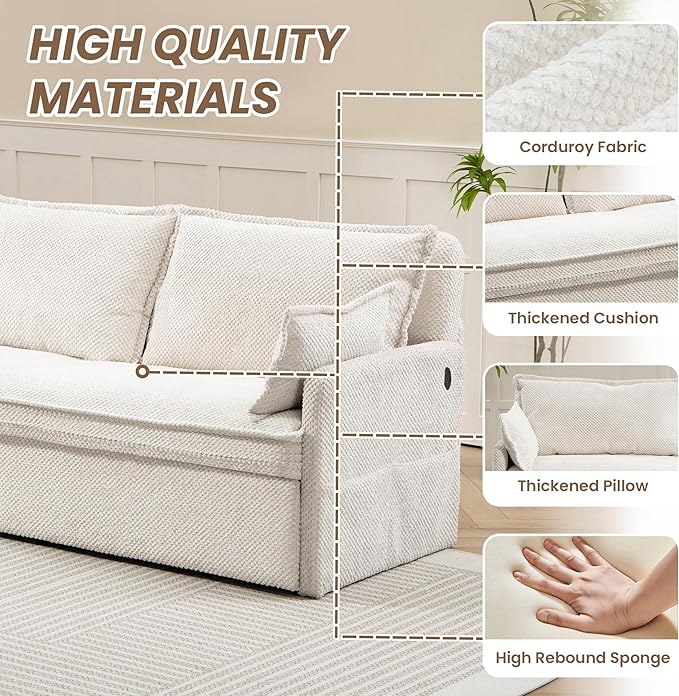 Furnimart 59.5" Queen Size Pull Out Sofa Bed, 3 in 1 Convertible Sleeper Bed with USB/C-Type Charging Ports & Side Pockets, Modern Futon Couch for Living Room, Apartment, RV, Corduroy White