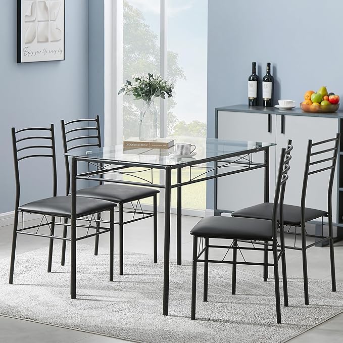VECELO 5-Piece Kitchen Dining Table Set, Glasses Tabletop & Heavy-Duty Metel Frame, Rectangle Dinette with 4 Chairs for Small Space, Breakfast Nook, Glasses & Black