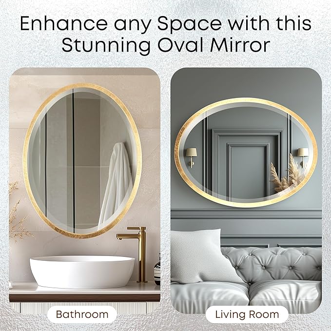 OVALCREST - Oval Wooden Beveled Wall Mirror for Home Decor, Bathroom, Vanity, Bedroom, Living Room, Hallway - London Style (Gold Leaf) 25.1 x 31.1