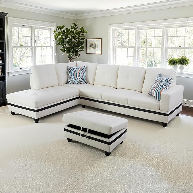 NicBex Sectional Couch 3 Pieces Sofa Set with Right Chaise PU Synthetic Leather L Shaped Cloud Couch for Living Room Furniture Sets with Storage Ottoman, Modular Sofa for Apartment, White+Black