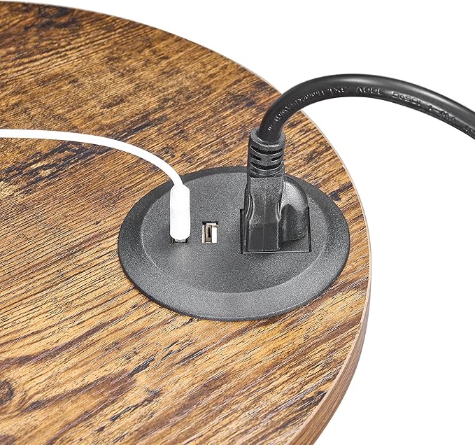 BEWISHOME Round End Table with Charging Station, Side Table Accent Nightstand Bedside Table with 3-Tier Shelves, Small Couch Table for Living Room Bedroom Rustic Brown KTZ51Z