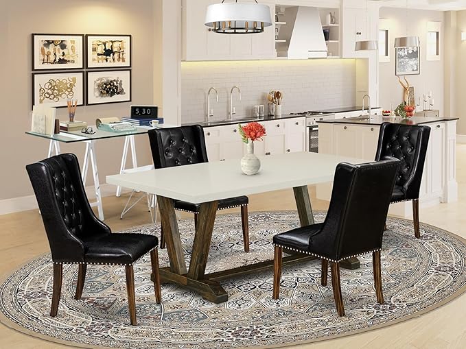East West Furniture V727FO749-5 5 Piece Dining Set Includes a Rectangle Dining Room Table with V-Legs and 4 Black Faux Leather Upholstered Parson Chairs, 40x72 Inch, Multi-Color