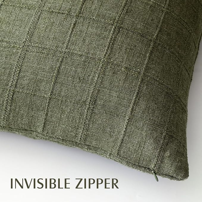 Foindtower Set of 2 Decorative Linen Check Throw Pillow Covers Neutral Farmhouse Vintage Cushion Covers Modern Boho Home Decor for Sofa Chair Couch Bedroom Living Room Outdoor,16×16 Inch,Olive Green
