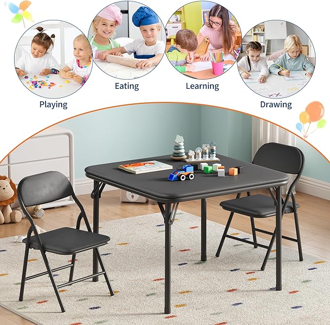 IDEALHOUSE 3 Piece Folding Kids Table and Chairs Set, Children Activity Table and Chairs Set for Dining Room,Daycare,Classrooms