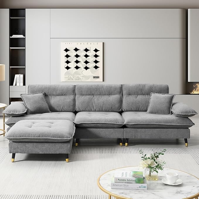 106" L Shaped Convertible Sectional Sofa,4 Seat Tufted Cloud Couch Set W/Movable Ottoman for Living Room, Apartment,Office,Chenille Fabric,Grey