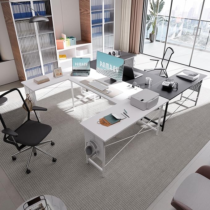 Pamray 71 Inch Large Computer Desk with Power Outlets,U Shaped Corner Desk for Home Office Work and Gaming White