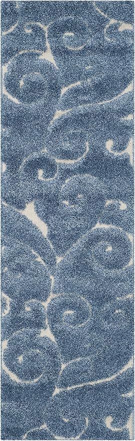 SAFAVIEH Florida Shag Collection Runner Rug - 2'3" x 15', Light Blue & Cream, Scroll Design, Non-Shedding & Easy Care, 1.2-inch Thick Ideal for High Traffic Areas in Living Room, Bedroom (SG455-6011)