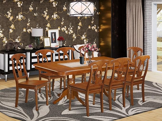 East West Furniture NANA9-SBR-W 9 Piece Kitchen Table & Chairs Set Includes a Rectangle Dining Room Table with Butterfly Leaf and 8 Solid Wood Seat Chairs, 40x78 Inch, Saddle Brown