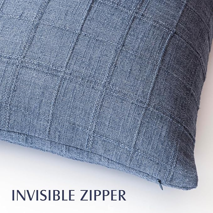 Foindtower Set of 2 Decorative Linen Check Throw Pillow Covers Neutral Farmhouse Lumbar Cushion Covers Modern Coastal Boho Home Decor for Sofa Chair Couch Bedroom Living Room Outdoor,12×20 Inch,Blue