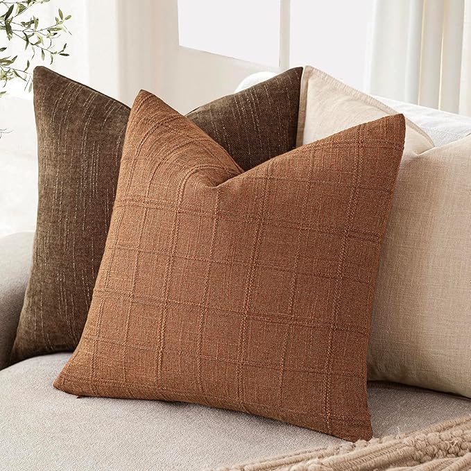 Foindtower Set of 2 Decorative Linen Check Throw Pillow Covers Neutral Farmhouse Vintage Cushion Covers Modern Boho Home Decor for Sofa Chair Couch Bedroom Living Room Outdoor,18×18 Inch,Orange