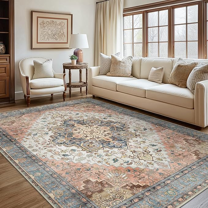 GENIMO 5x8 Area Rugs for Living Room, Machine Washable Low Pile Rugs, Chenille Non Alip Vintage Rug for Bedroom, Dining Room, Home Office, Blue Brick Red