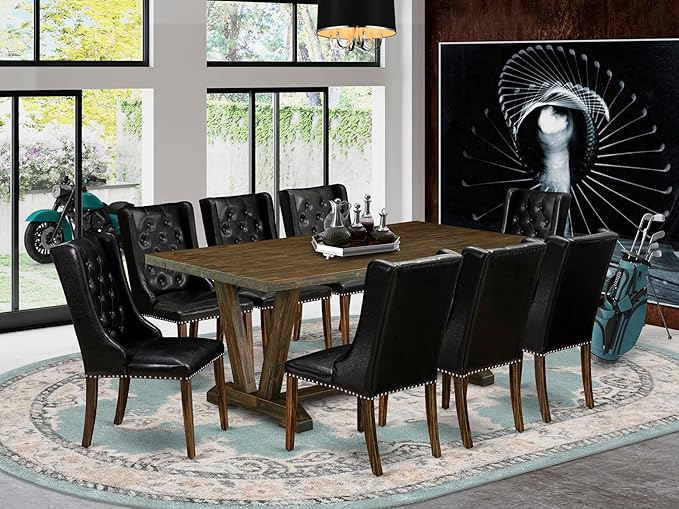 East West Furniture V777FO749-9 9 Piece Dining Room Furniture Set Includes a Rectangle Dining Table with V-Legs and 8 Black Faux Leather Parsons Chairs, 40x72 Inch, Multi-Color