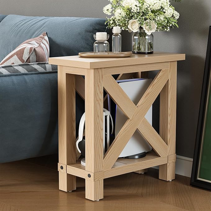 LITTLE TREE Farmhouse Side Table Set of 2, Narrow End Table for Space Saving, Bedside Furniture for Bedroom, Living Room, Small Spaces, Oak