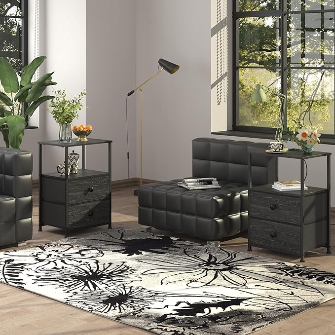 Tohomeor End Table with Charging Station, LED Light, Fabric Drawers, and USB Ports - Charcoal