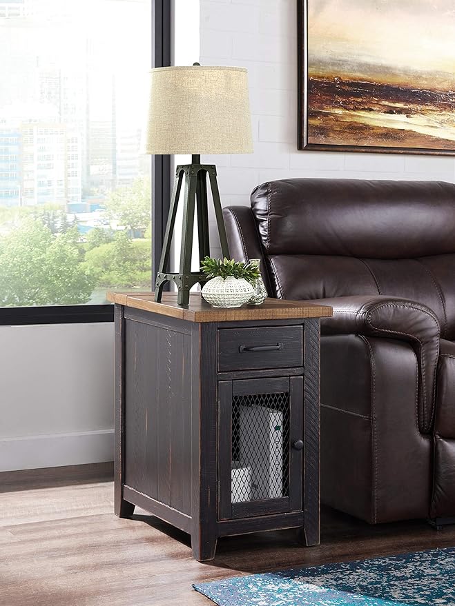 Martin Svensson Home Chairside Table - Antique Black and Honey - Rustic Style - with One Drawer and Cabinet for Storage