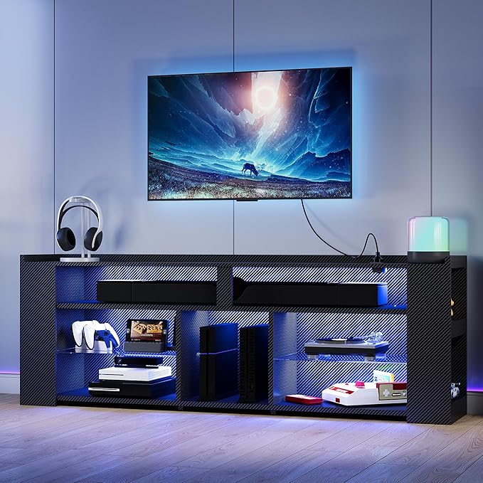 IRONCK Entertainment Center with Storage, 70.9 Inch Tall TV Stand W/Power Outlet, LED Gaming TV Cabinet for PS4, Black TV Stand with Carbon Fiber