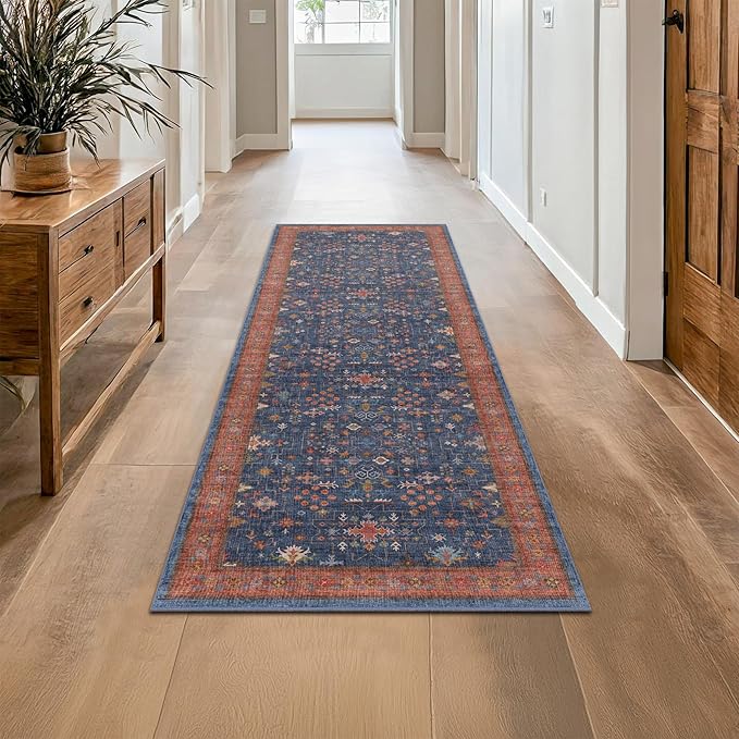 Navy Blue Runner Rug 2x5 for Kitchen, Hallway, Mudroom, Laundry Room, Bathroom, Washable Non Slip Non Skid Rubber Backing Low Pile Stain Resistance