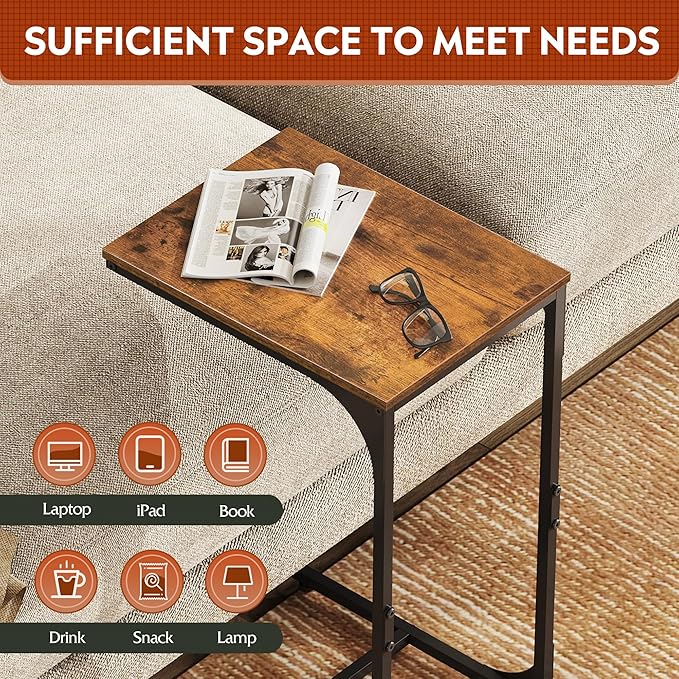 WLIVE C Shaped End Table, Small Couch Side Tables with Metal Frame That Slide Under, Sofa Table TV Tray for Living Room, Bedroom, Rustic Brown