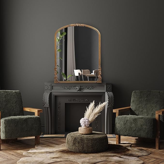 English Estate Carved Arch Wood Wall Mirror, Mirror for Entryway, Living Room, Bathroom, Antique Gold, 28.4x35