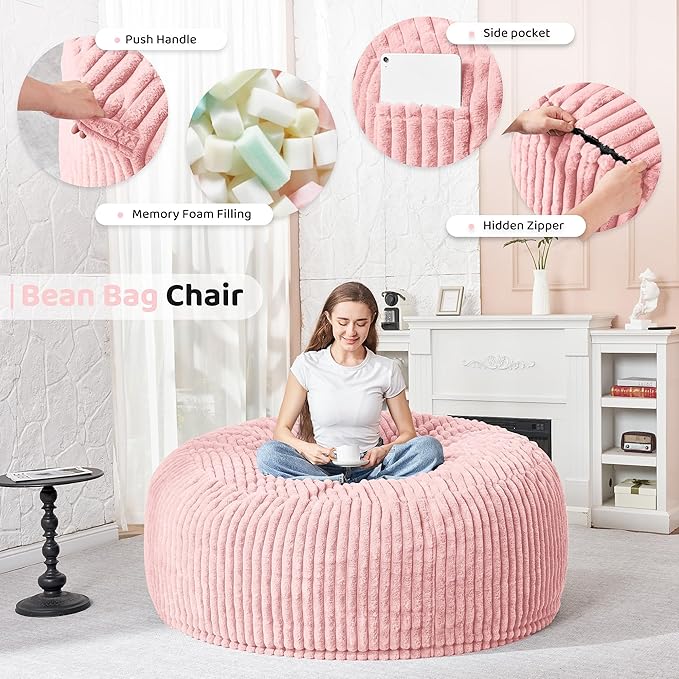 HABUTWAY 3FT Bean Bag Chair, 3' Large Bean Bag Chairs for Adults with Removable Stripe Plush Cover, Memory Foam Beanbag Chair for Living Room Bedroom Dorm (Tender Pink)