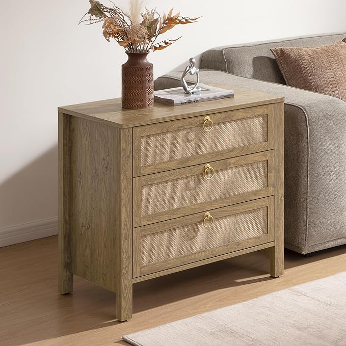 SICOTAS Nightstand Set 2 with Drawers - Large Rattan Bedside Table with Golden Handle, 3 Drawers Night Stand Tall End Table 26.78" Wide Side Table Boho Nightstand for Bedroom