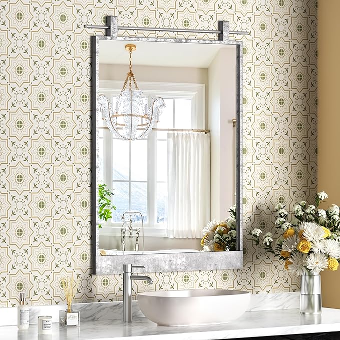 16x24 Inch Rectangle Bathroom Vanity Mirror for Wall Mounted Over Sink Farmhouse Rustic Frame Barn Door Mirrors Silver Foyer Entryway Decor