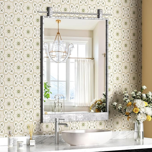 16x24 Inch Rectangle Bathroom Vanity Mirror for Wall Mounted Over Sink Farmhouse Rustic Frame Barn Door Mirrors Silver Foyer Entryway Decor