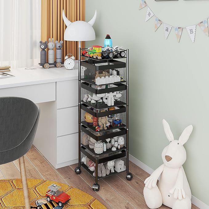 Fruit and Vegetable Basket for Kitchen No Assembly， Rotating Storage Rack,Bathroom Storage Shelf, Kitchen Organizers and Storage Cart on Rolling Wheels(Black, 5 Tier-Square)