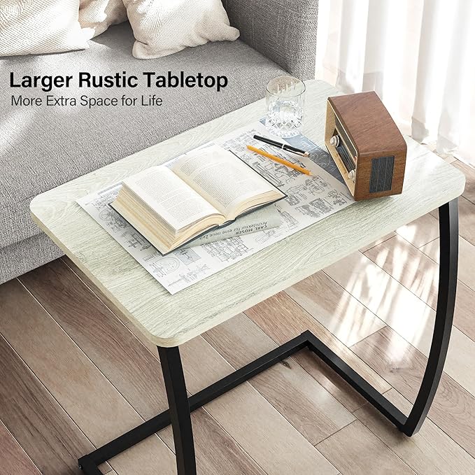 SRIWATANA Side Table, End Table, Vintage C-Shaped Couch Table for Sofa Laptop Coffee Snack, Light Grey