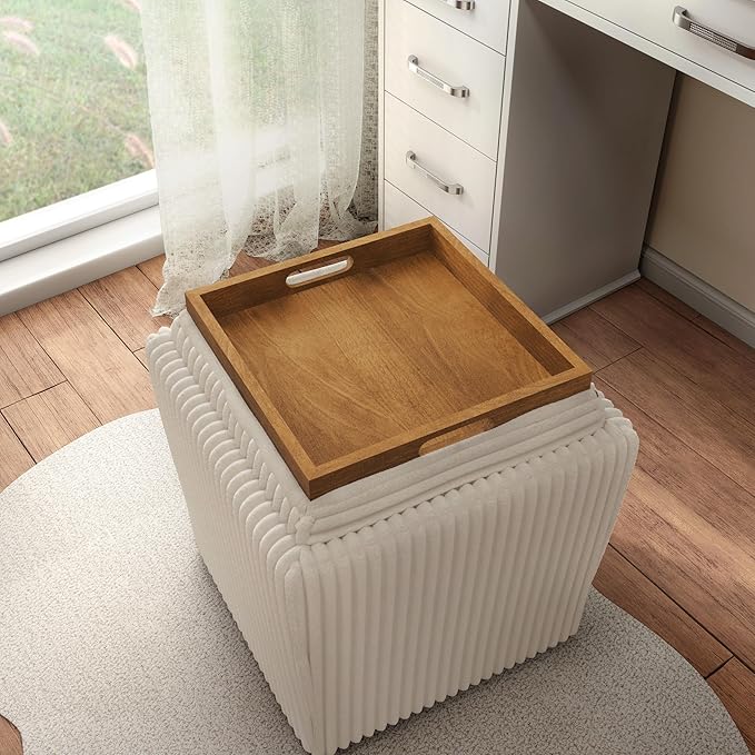 Furniture of America Lennox Modern Chenille 17-inch Square Storage Ottoman with Reversible Tray Top, Upholstered Footstool for Living Room, Bedroom, Entryway, Beige Pink