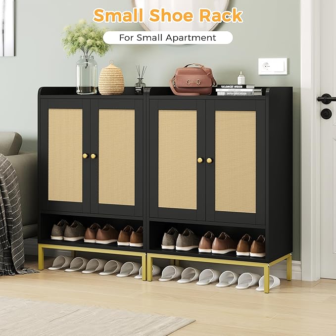 Rattan Shoe Cabinet Storage for Entryway, Shoe Cabinet with Adjustable Shelves for Entryway, 5-Tier, 20 Pair Shoe Rack Storage for Hallway, Closet, Living Room, Black