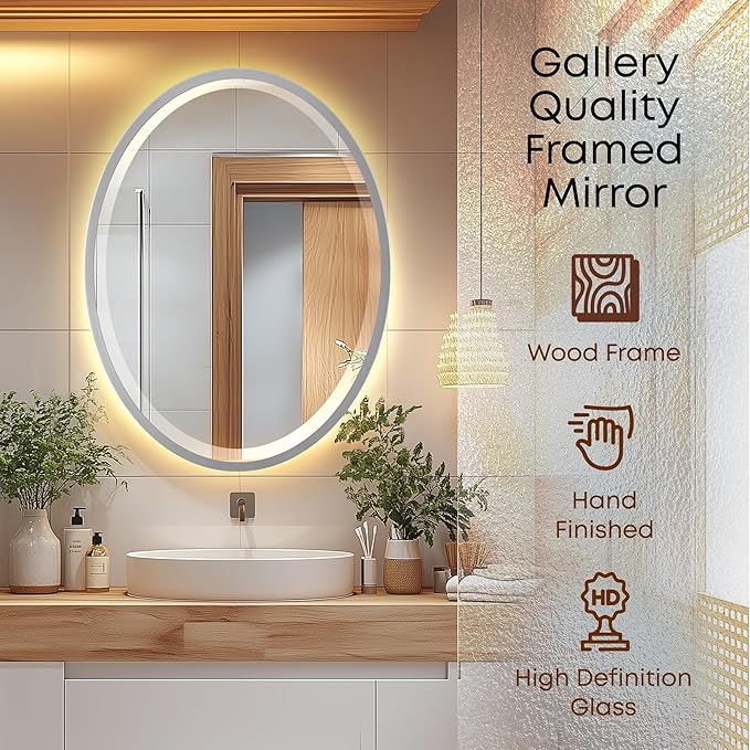 OVALCREST - Oval Wooden Beveled Wall Mirror for Home Decor, Bathroom, Vanity, Bedroom, Living Room, Hallway - London Style (Silver Spray) 21.1 x 25.1
