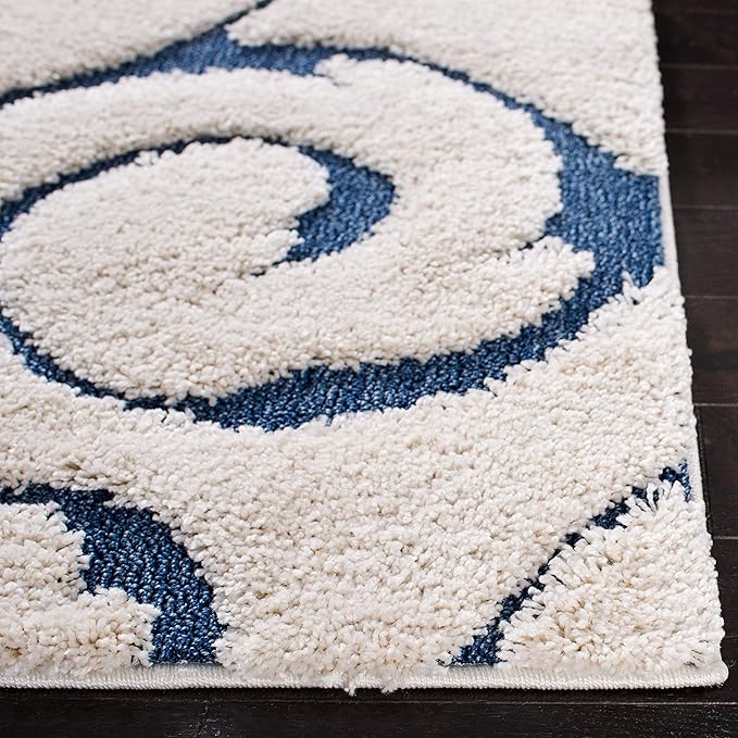 SAFAVIEH Florida Shag Collection Runner Rug - 2'3" x 15', Cream & Blue, Scroll Design, Non-Shedding & Easy Care, 1.2-inch Thick Ideal for High Traffic Areas in Living Room, Bedroom (SG455-1165)
