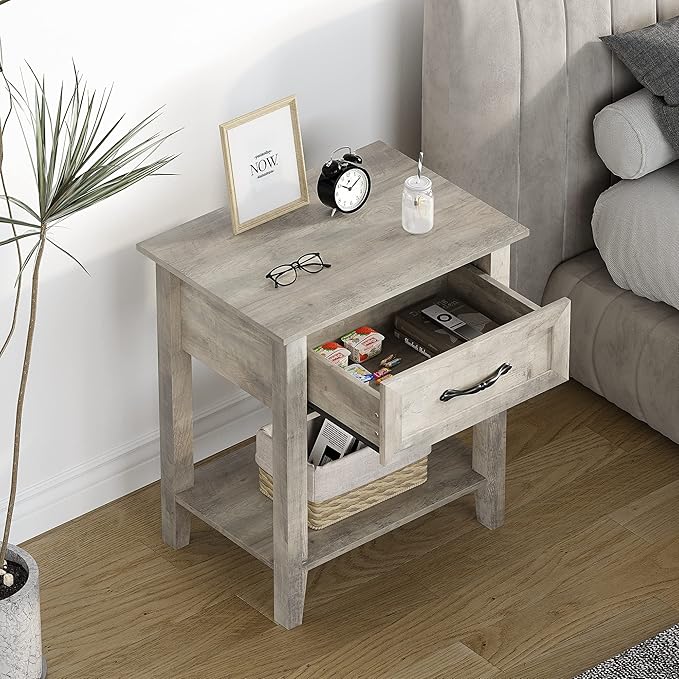 IDEALHOUSE Grey Nightstands Set of 2, End Table with Drawer, Side Table for Spaces, 2 Tiers Storage Shelves with Dresser, Bedside Table for Living Room, Bedroom, Dorm (2pcs-Grey)