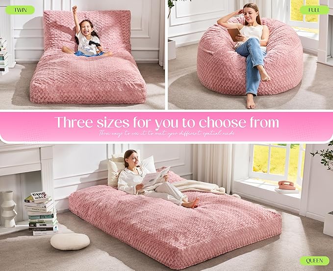 Hobestluk Bean Bag Chair Convertible Beanbag Chairs for Adults, 3 in 1 Bean Bags with Plush Chevron Cover, Adult Bean Bag Chair for Living Room, Bedroom (Pink, Full)