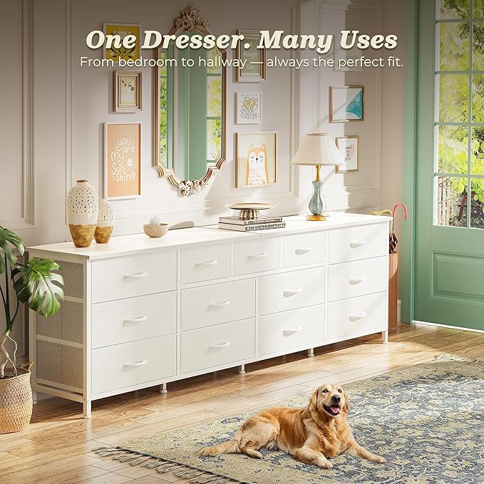 Huuger 70 Inch White Dresser for Bedroom, TV Stand for 65, 75, 80 Inch TV, 13 Fabric Drawer Long Dresser, Wide Chest of Drawer, Storage Units for Bedroom