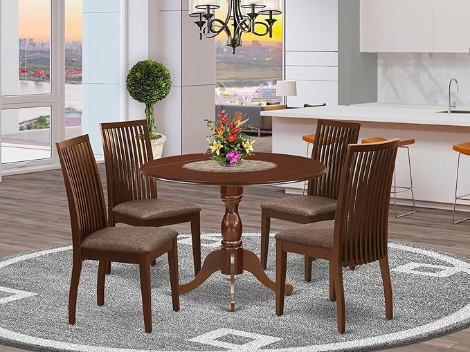 East West Furniture DMIP5-MAH-C 5 Piece Kitchen Table & Chairs Set Includes a Round Dining Room Table with Dropleaf and 4 Linen Fabric Upholstered Chairs, 42x42 Inch, Mahogany