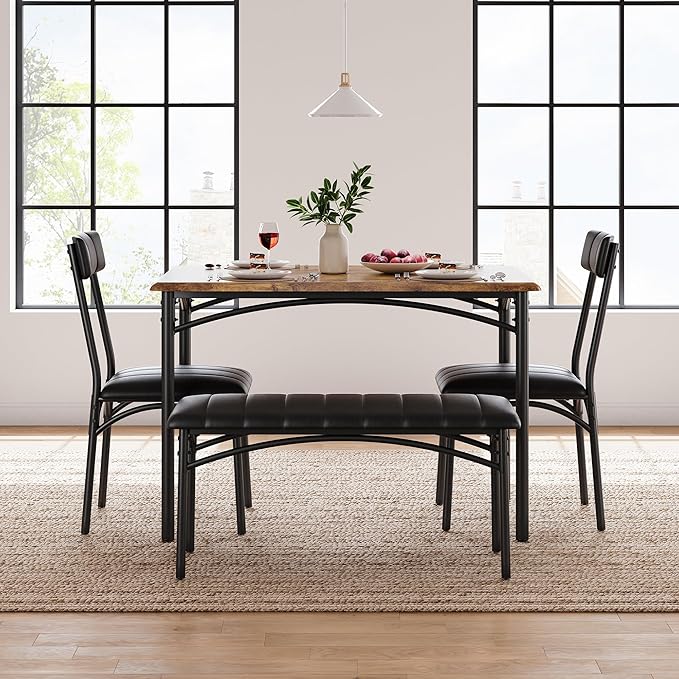 Garvee Dining Table Set for 4, Kitchen Table with Upholstered Bench and 2 Chairs, 4-Piece Wooden Dining Table Set for Apartment, Dining Room, Small Space, Brown